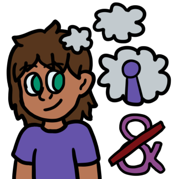 a tan skinned person with brown hair and a blueish purple shirt is thinking of themself. they have a thought bubble with a singular simple figure colored in the same color as their shirt. beneath the thought bubble is an ampersand in purple with a red line crossing over it.